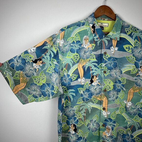 Tommy Bahama Shirt Mens Medium Blue Green Camp Hawaiian Hula Pinup Girls Buttons - Picture 4 of 13